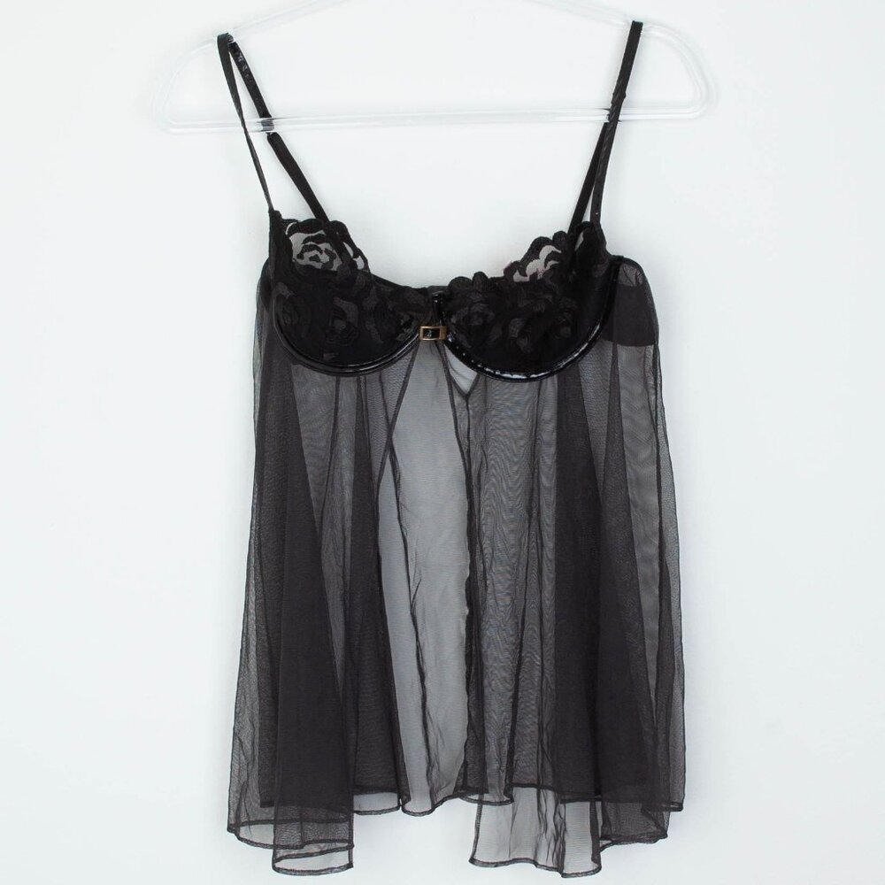 Victorias Secret Womens Sheer Babydoll Lingerie Size 36C Black Leather Trim Sexy